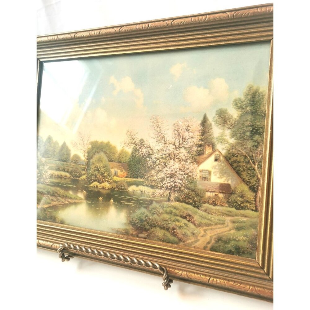 " Lake House with Cherry Blossoms" Framed Print Vintage Stand Included